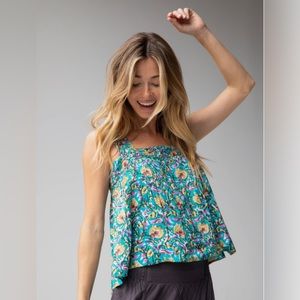 Kate Pleated Tank Top - Turquoise Floral